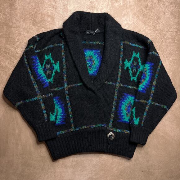 Vintage 90s Tony Lambert Southwestern Knit Cardigan Sweater Oversized Black Wool - Picture 1 of 8